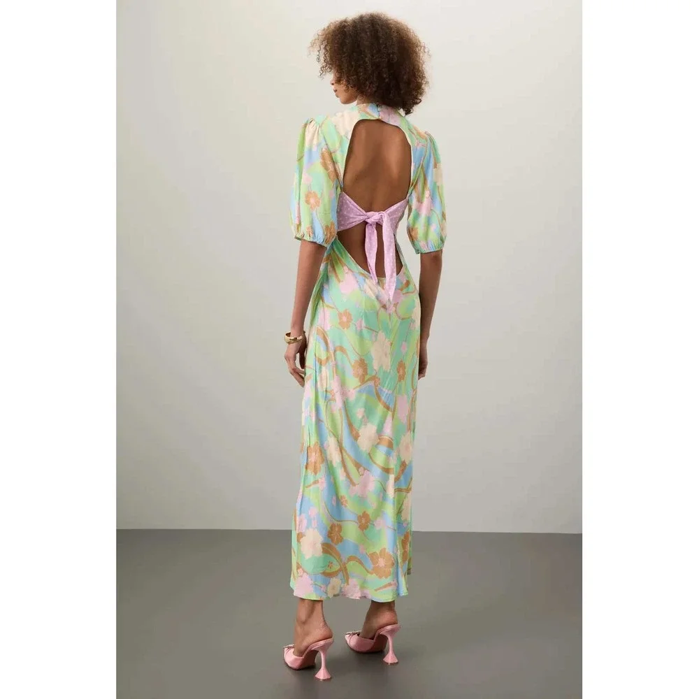 RIXO Steph Maxi Dress Floral Open Back Tie Waist Puff Sleeve Size S - Picture 2 of 9